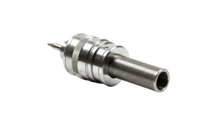 Silver, Metallic live center features precision detailing, creating texture, used in industrial applications, product display or engineering.