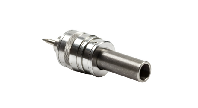 Silver, Metallic live center features precision detailing, creating texture, used in industrial applications, product display or engineering.