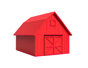 Rendered red barn with gabled roof and double doors, isolated on black
