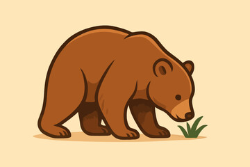 Naklejka premium Cartoon Brown Bear Sniffing Grass Illustration.