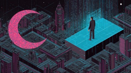 Isometric cityscape illustration with a figure and a geometric crescent moon
