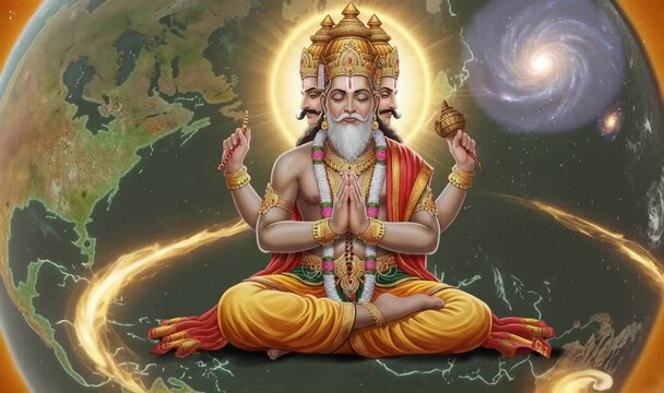 Lord Brahma Meditating, Creating the Universe with Divine Power and Cosmic Energy in Hindu Mythology, Spirituality Concept for Jayanti, Kartik Purnima, Pushkar Camel Fair, Yadnya Kasada, Brahmotsava