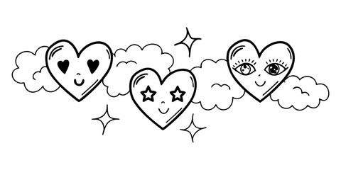 Three hearts with different facial features surrounded by clouds and stars in a black and white drawing on transparent background
