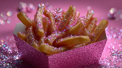 Glamorous Pink Glitter French Fries Served in a Shimmering Container on a Vibrant Festive Background