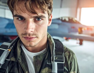 Focused Young Man in Flight Suit Near Airplane.