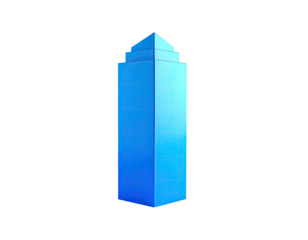 A tall, blue, geometric skyscraper against a stark black background