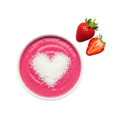 Vibrant pink strawberry smoothie bowl with coconut heart motif, fresh strawberry, chia seeds on transparent background, bright studio light, flat lay. Concept of healthy gourmet food