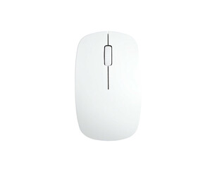 A white, minimalist computer mouse against a solid black background, top view