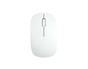 A white, minimalist computer mouse against a solid black background, top view