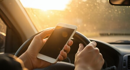 Risky Driving Phone in Hand with Sun Glare  Car Interior Detail.
