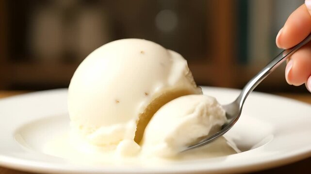 A spoon gently scoops vanilla ice cream on a white plate. The spoon highlights the creamy texture of the ice cream as it rests on the plate.