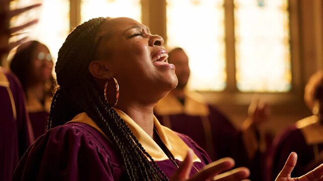 Woman sings in gospel choir. Solo singer raises hands in worship. Choir wears robe and sings praise in church. Emotion fills congregation during singing. Face shows joy and devotion. Audience listens.