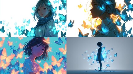 Four anime-style illustrations depict young women surrounded by ethereal, glowing butterflies, in vibrant scenes