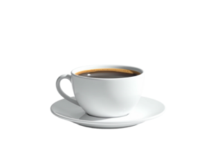 A white ceramic cup filled with dark coffee, sitting on a matching saucer