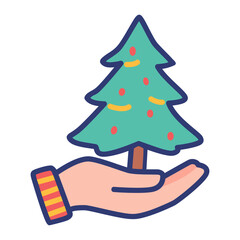 Hand Holding Small Decorated Christmas Tree, shopping locally, planting trees, sustainability, or presenting a small holiday gift concept