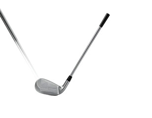 Close-up of a metallic golf club, angled against a stark, black background