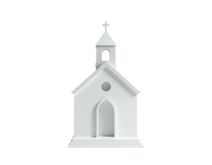 A minimalist, white church model with a cross and arch doorway on black