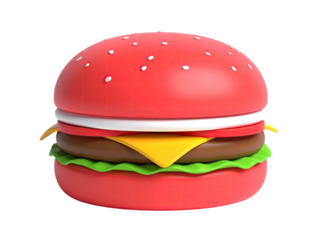 Stylized red burger illustration with multiple layers and isolated on a black background