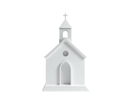 A minimalist, white church model with a cross and arch doorway on black