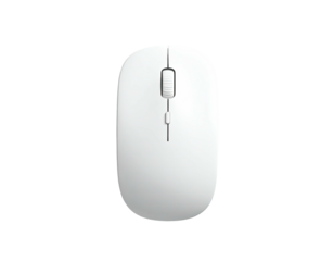 Top-down view of a white wireless computer mouse with two buttons and a scroll wheel