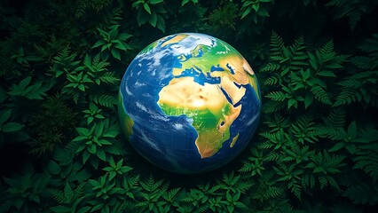 Earth globe enveloped by vibrant greenery under a glowing atmospheric light.