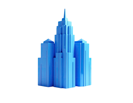 A vibrant light blue architectural model of a skyscraper against a black backdrop