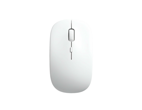 Top-down view of a white wireless computer mouse with two buttons and a scroll wheel