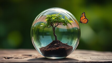 Glass globe containing a miniature tree with a butterfly, representing nature's fragility.