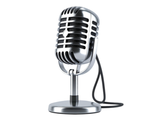 Shiny, retro-style microphone with a silver finish, isolated on black