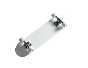A pristine white skateboard on a black background, angled with subtle shadows
