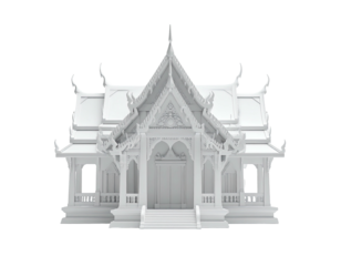 A monochromatic rendered temple with elaborate architectural details and symmetry