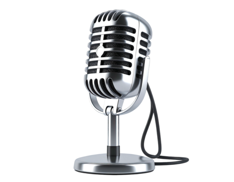 Shiny, retro-style microphone with a silver finish, isolated on black