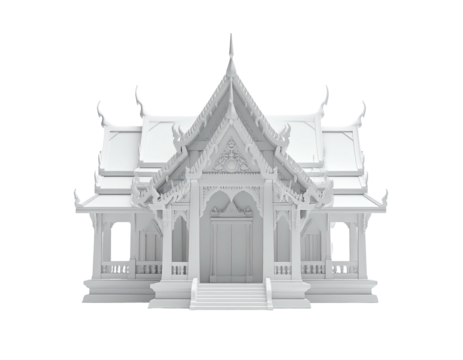 A monochromatic rendered temple with elaborate architectural details and symmetry