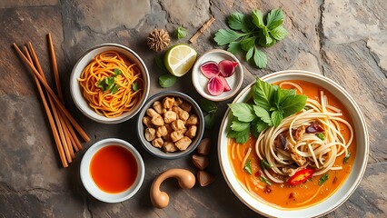 An artistic arrangement of Asian cuisine ingredients on a rustic stone surface, featuring Vietnamese and Thai elements in warm tones.