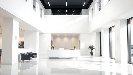 Contemporary office reception area with clean white walls and elegant architectural design.