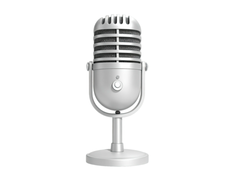 A glossy, vintage-style silver microphone isolated against a stark black background