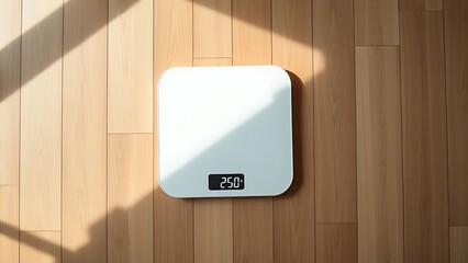 Modern digital weighing scales placed on a wooden floor, representing health and wellness in a simple, clean style.