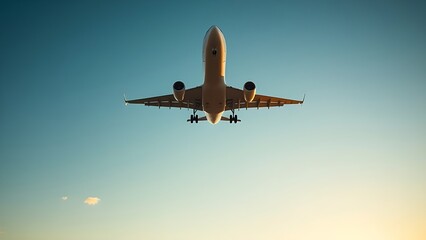 Airplane ascending into clear blue sky during golden hour view.
