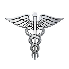 Silver caduceus medical symbol with wings and snakes isolated on transparent background