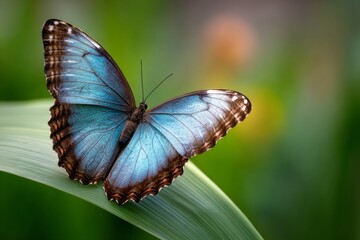 Obraz premium A blue butterfly is sitting on a green leaf
