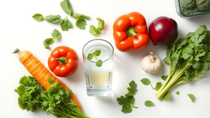 Fresh vegetables and water glass arranged for wellness.