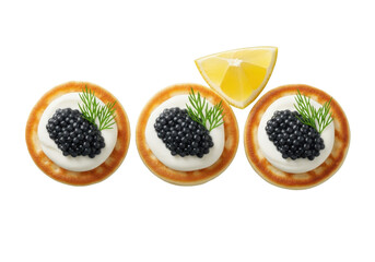 A trio of golden mini blini with crème fraîche, jet-black sturgeon caviar, and fresh dill, beside a lemon wedge on a transparent background, high-key studio shot, elegant food luxury