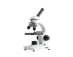 A white optical microscope with objectives, stage, and adjustable focus