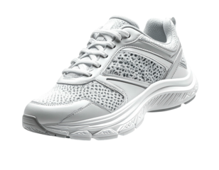 A single, all-white athletic shoe, side view on a black background