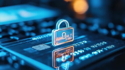Shining digital padlock hologram above a credit card on a keyboard symbolizing secure online payments, encrypted transactions, and protection of financial data for safe e commerce and banking - Powered by Adobe