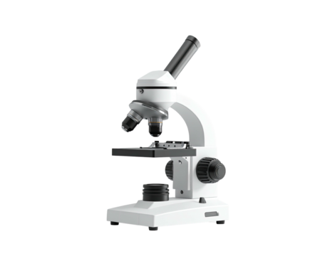 A white optical microscope with objectives, stage, and adjustable focus