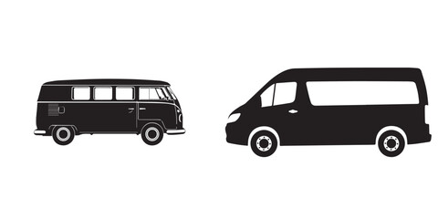 Black silhouettes of classic and modern vans side by side on a white background