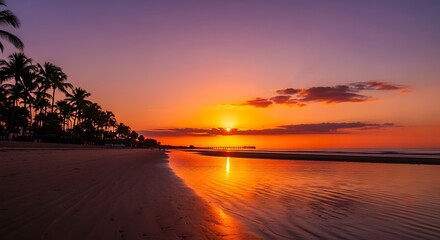 Obraz premium Vibrant Tropical Sunset Over Calm Ocean with Palm Trees.