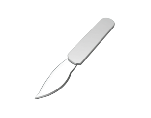 A white surgical scalpel, angled with a curved blade on a black background