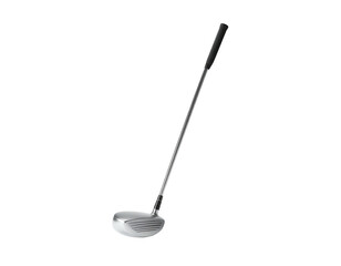 Isolated golf club angled slightly upwards, metallic head and black grip against black